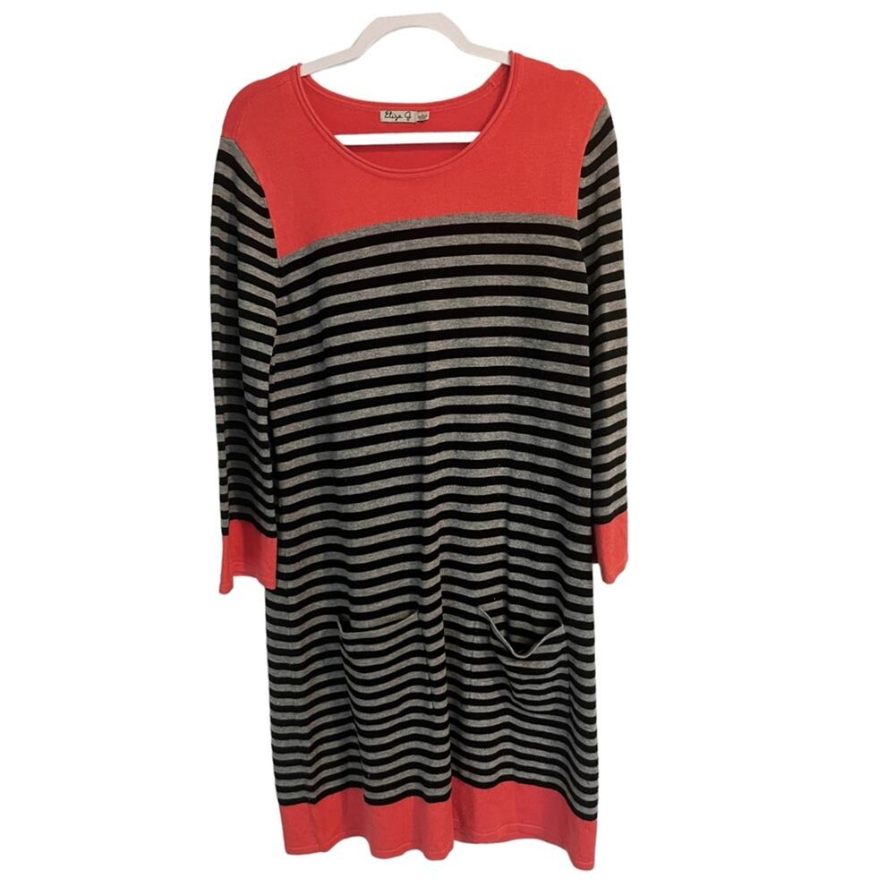 Eliza J Womens Sweater Dress-Colorblock Striped Black Coral Gray